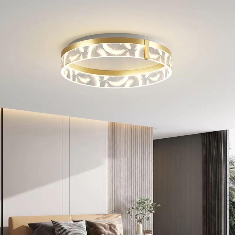 Circular Acrylic Feather LED Flush Mount in Modern Romantic Style Wrought Iron Ceiling Light for Dining Room
