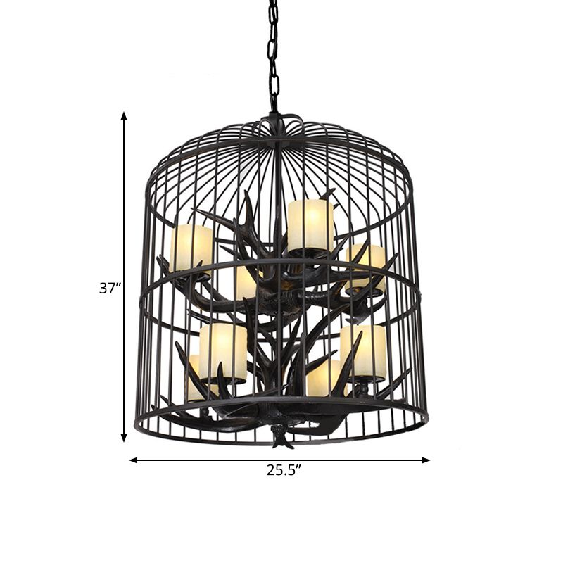 Araña colgante de jaula de pájaros negros metal tradicional de metal de 8 cabezas de comedor colgante luz de techo