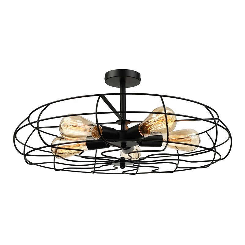 Fan Shaped Iron Ceiling Light with Wire Cage Shade Vintage 5 Lights Living Room Semi Flush Mount Light in Rust/Black