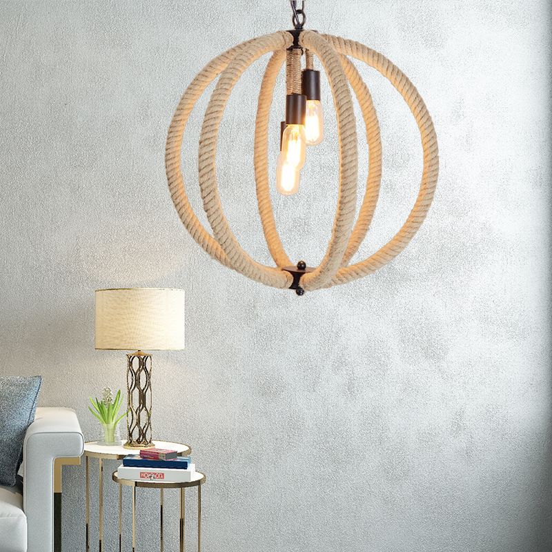 Chandelier de couloir d'orbe Hanging Light Light Retro Style Corde de chanvre 3 lumières Lampe de plafond beige