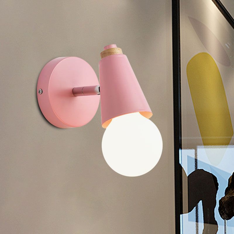 Macaron Loft Sweet Cone Wall Light with Metal/Wood Backplate Rotatable Single Light Wall Lamp in Blue/Green/Pink for Corridor