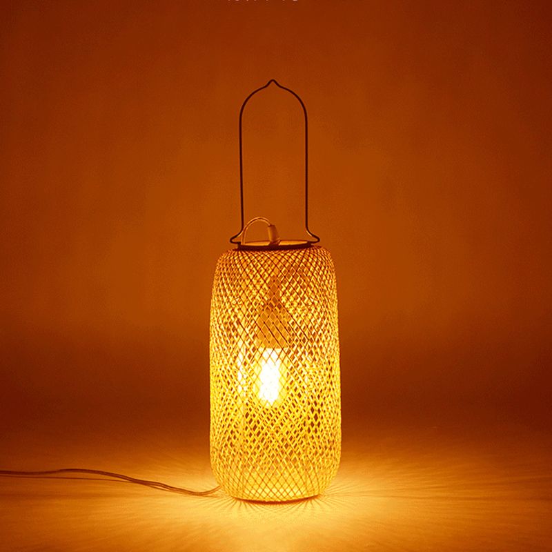 Asia-Style 1-Head Night Table Light Flaxen Cylinder Cage Nightstand Lamp with Bamboo Rattan Shade