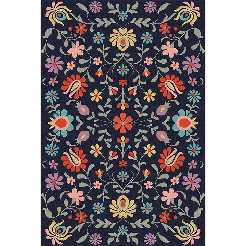 Classic Floral Pattern Rug with Leaf Navy Polyester Rug Machine Washable Non-Slip Area Rug for Bedroom