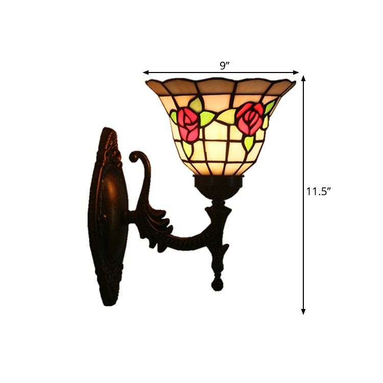 Flared Wall Light Sconce 1 Bulb Stained Glass Tiffany Style Wall Mounted Lamp in Red/Pink/Blue with Floral Pattern