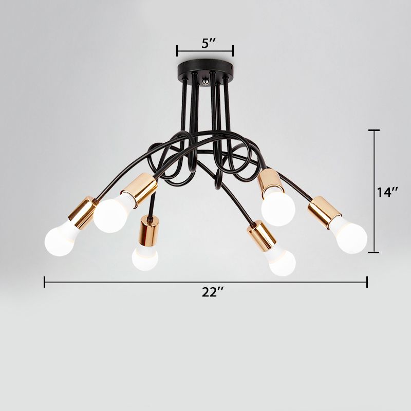 Gedraaide metalen halfverzonken plafondlamp Industriële 3/5-lichts hal halfverzonken hanglamp met kale lamp in zwart