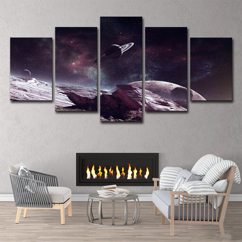 Sci-Fi Planet Surface Scene Canvas Print Grape-Purple Starry Universe Wall Art Print