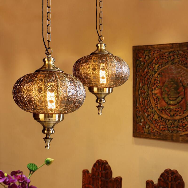 Antique Lantern Pendant Lighting 1 Bulb Metallic Hanging Light in Bronze for Restaurant