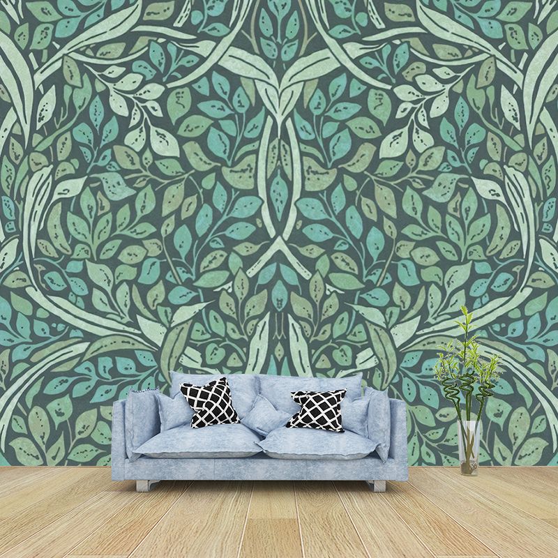 Green Leafy Mural Wallpaper Stain Resistant Tropical Living Room Wall Covering, Non-Woven