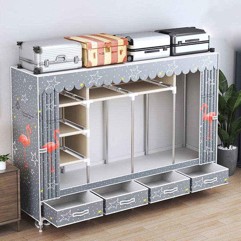 Modern Style Wardrobe Armoire Silver Steel Frame Wardrobe with Drawer