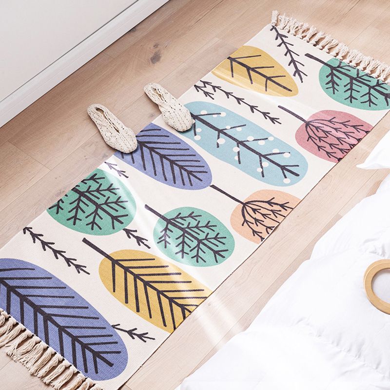 Modern Plant Printed Rug Multi-Colored Jute Area Carpet Easy Care Pet Friendly Stain-Resistant Indoor Rug with Tassel for Bedroom