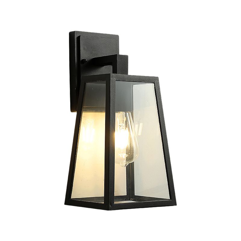 1 Light Wall Lamp Fixture Rustic Style Trapezoid Clear Glass Wall Mount Lighting in Black