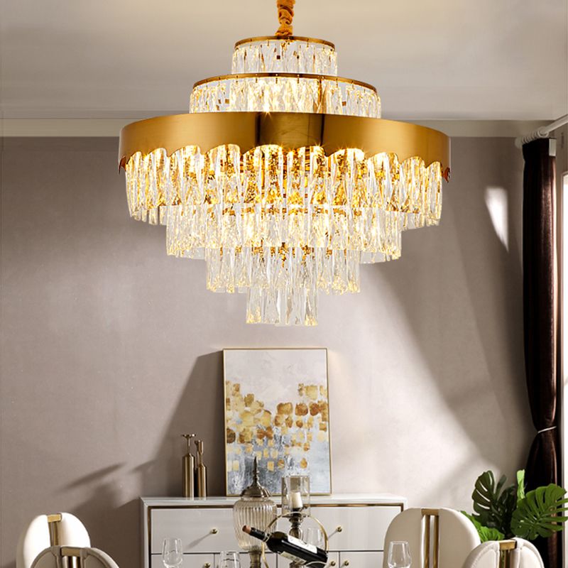 17"/23" W Layered Chandelier Light Fixture Dining Room Vintage Style Crystal and Metal Hanging Lamp in Gold