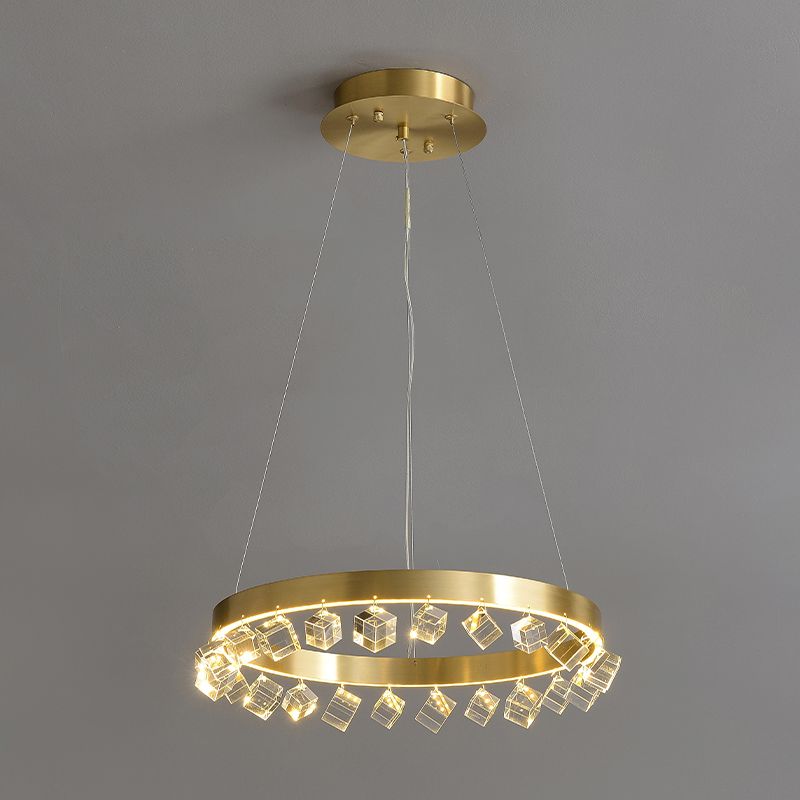 Loop Kitchen Dinette Chandelier Minimalistic Metal Gold Finish LED Pendant Light with Dangling Crystal Cube