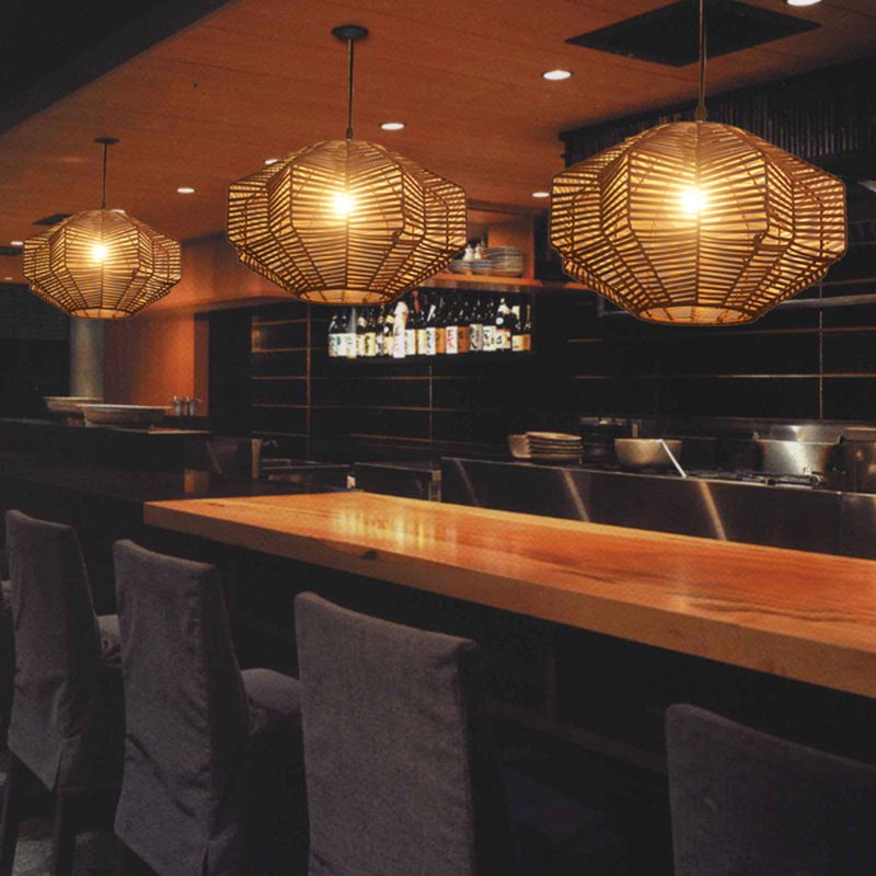 Brown Lantern Pendant Lighting Traditionary Rattan 1 Bulb Hanging Lamp Kit for Restaurant