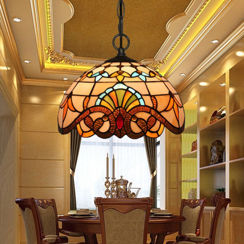 Baroque Domed Pendant Light Stained Glass Hanging Ceiling Light in Brown for Restaurant