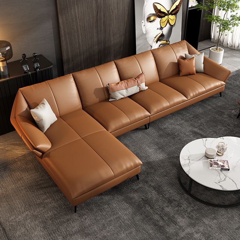 Glam Sofa Chaise Stationary Genuine Leather Flared Arm Cushions Seating