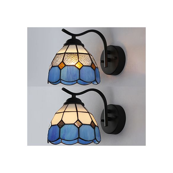Mediterranean Dome Wall Lighting with Curved Arm Stained Glass 1 Light Sconce Light in White/Clear