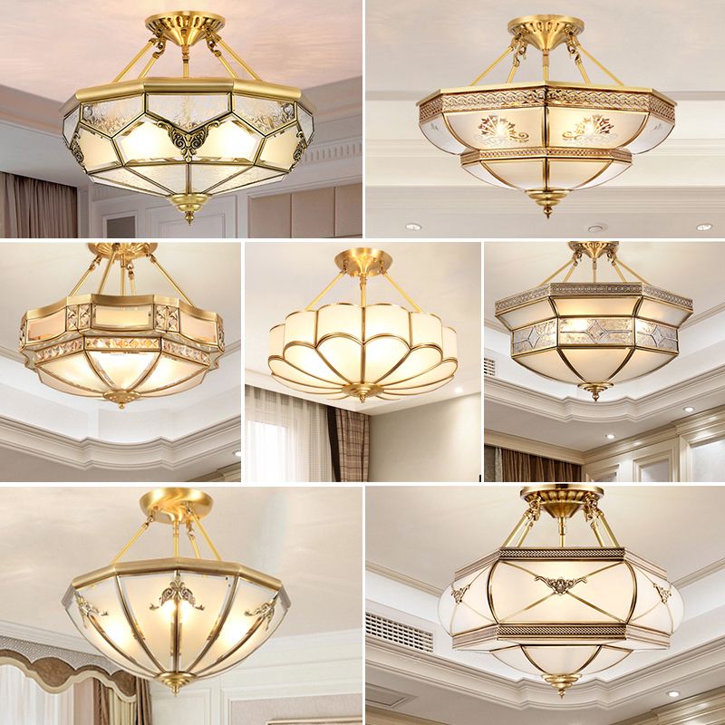 Bowl Shaped Frost Glass Flush Mount Lighting Classic Bedroom Semi Flush Chandelier in Gold