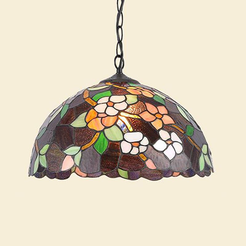 Stained Glass Black/White Pendant Lamp Domed 1 Light Baroque Floral Patterned Hanging Light Kit for Kitchen