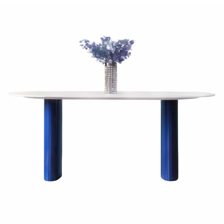 Tavolo da pranzo in pietra di pietra bianca e blu moderna tavolo da pranzo a forma ovale con doppia basi di piedistallo