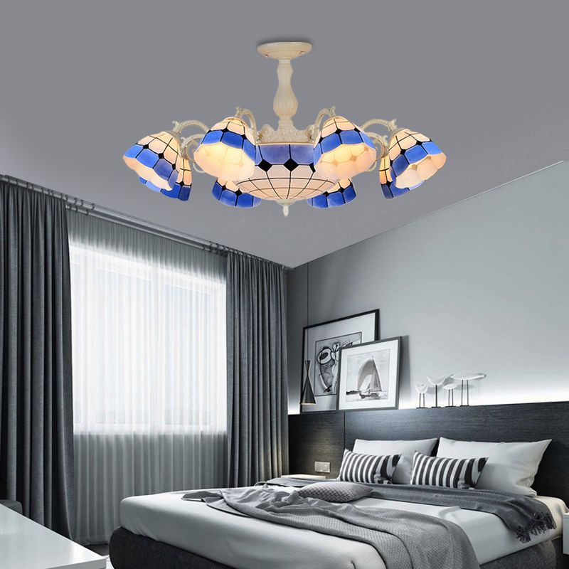 9/14 Lights Semi Flush Light Fixture Tiffany-Style Grid Patterned Blue Cut Glass Ceiling Lamp for Living Room
