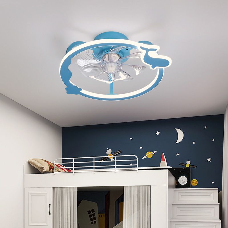 Circular Cartoon Ceiling Fan Light Fixture Children Bedroom LED Semi Flush Mount Lamp