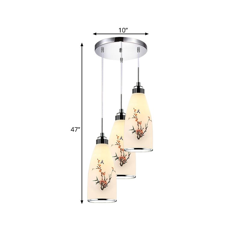 3-Light Drop Pendant Minimalist Oblong White Printing Glass Multiple Hanging Lamp with Round/Linear Canopy