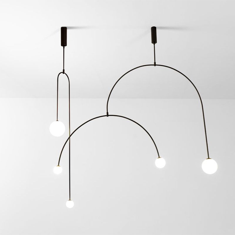 Simplicity 3 Lights Chandelier Black Arched Pendant Lamp with Ball White Glass Shade