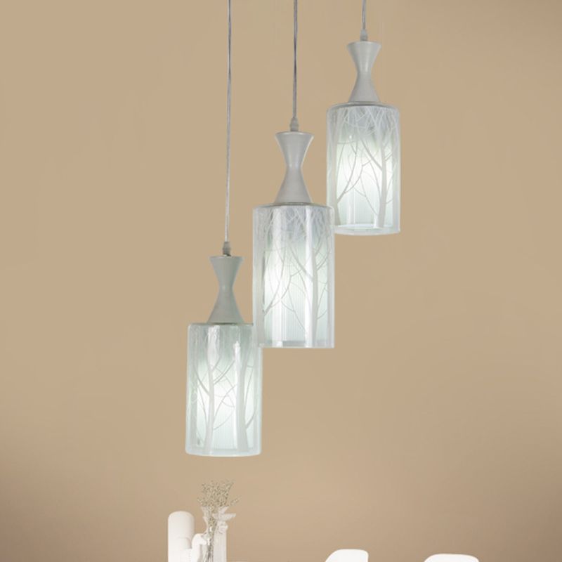 3 teste Sala da pranzo Light Multifiling Light Contemporary White Cipant Lampada con sfumatura in vetro a motivi cilindri