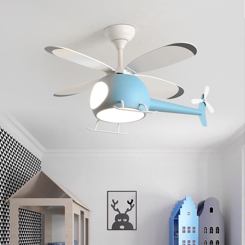 Kids Artistic LED Fan Light Wrought Iron Airplane Pendant Light with Acrylic Shade