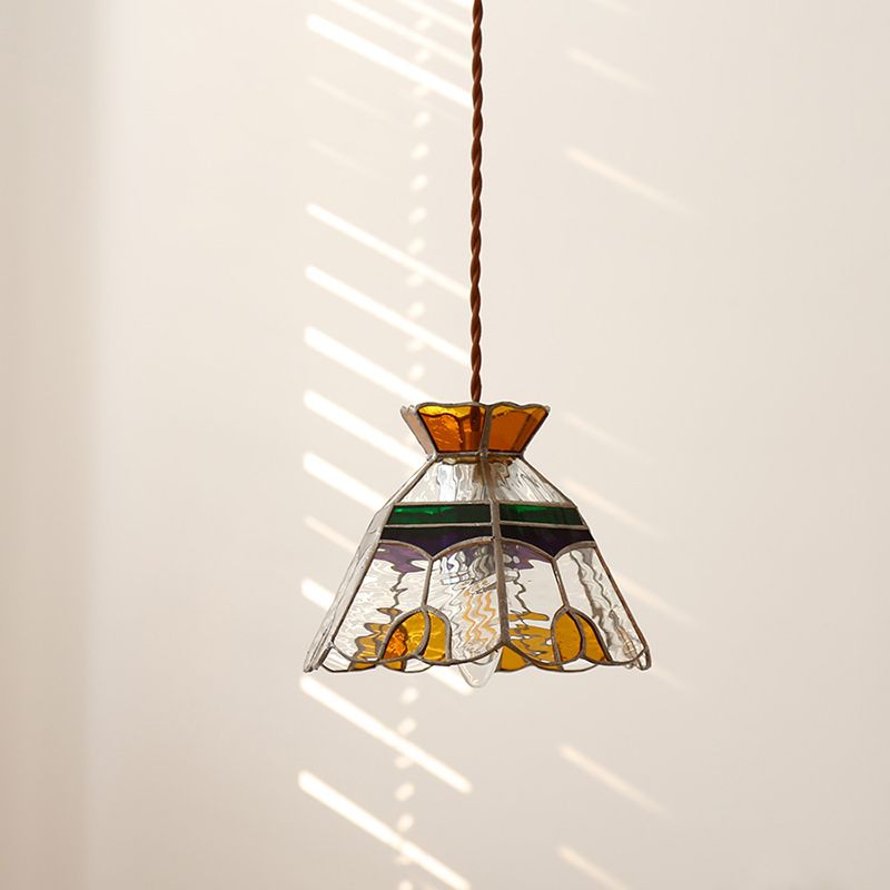 1-Light Bell Hanging Lamp Tiffany Coffee Finish Stained Glass Pendant for Dining Room