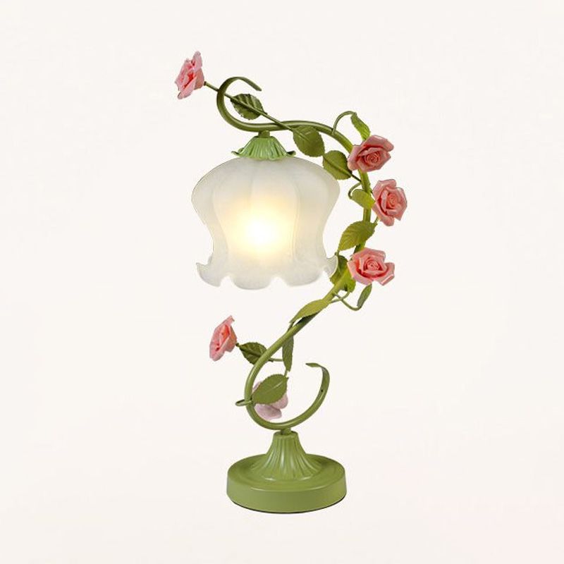 1 Bulb Floral Table Lamp Traditional White/Green Frosted White Glass Night Light for Living Room