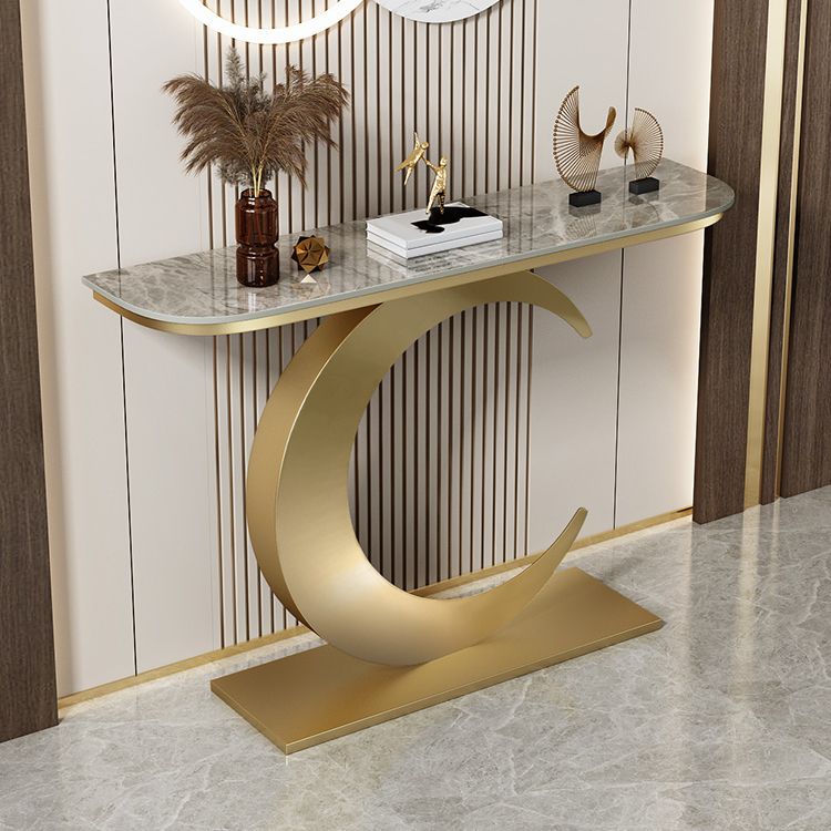 Stain Resistant Console Table with Iron Pedestal Base and Stone Top