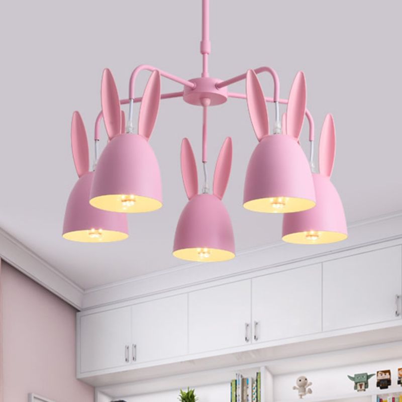 Metal Rabbit Shade Drop Pendant Light Cartoon 5 Lights Chandelier Lighting Fixture in Pink