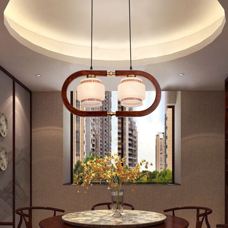 Modern Style Cylindrical Shape Island Lights White Glass Pendant Lights in Brown