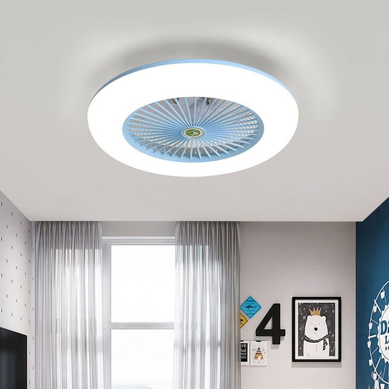 Pink/Blue LED Semi Flush Mount Light Fixture Modern Acrylic Circle 5 Blades Hanging Fan Lamp for Bedroom, 21.5" Wide