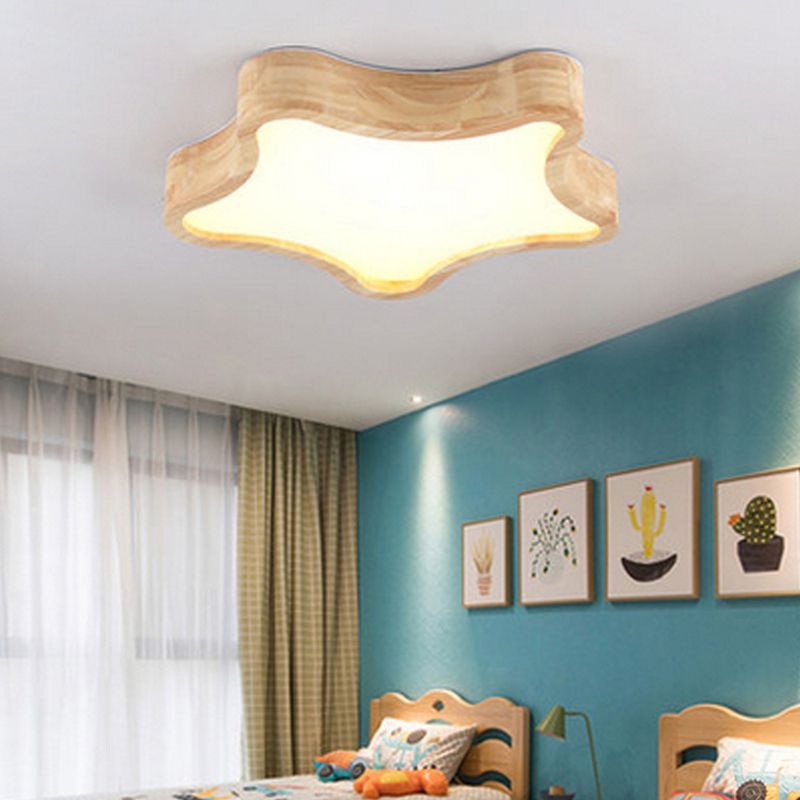 LED Bedroom Ceiling Flush Mount Light Contemporary Wood Close to Ceiling Lamp with Star Wooden Shade