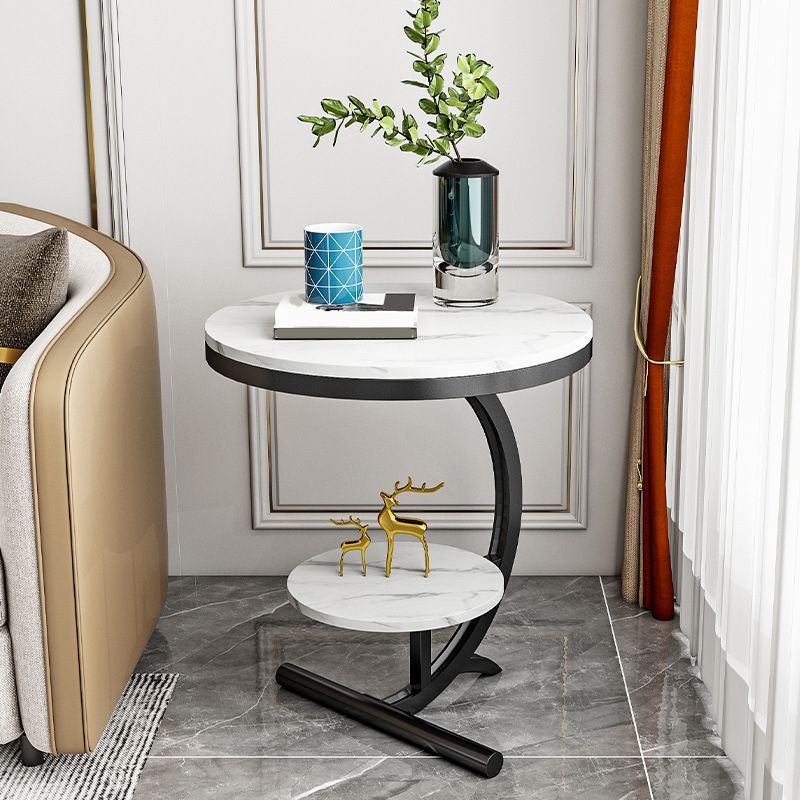 Glam Round Stone Side End Table Abstract Double Tier Sofa Side End Table