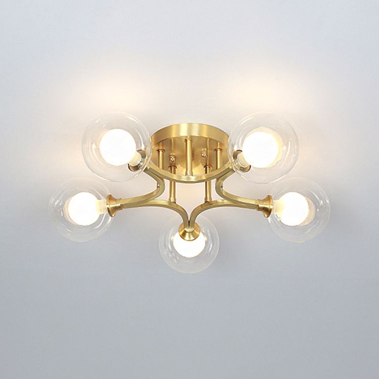Sphere Bedroom Semi Flush Mount Light Glass Nordic Style Ceiling Light in Gold