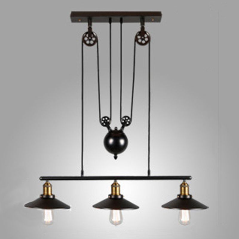 Wrought Iron Black Island Pendant Light in Industrial Simplicity Pulley Pendant Light for Dining Room