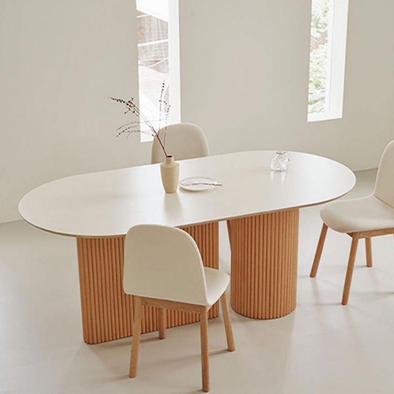 Oval Solid Wood Dining Table Modern White-natural Furniture with Double Pedestal for Home