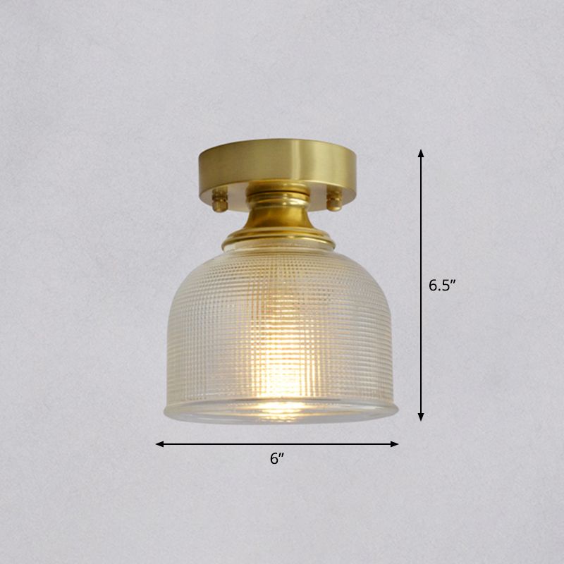 Brass Finish 1-Head Ceiling Mounted Light Minimalist Carved Glass Shaded Semi Flush Mount Lamp for Corridor
