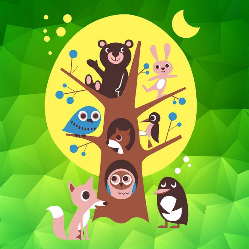Colorful Animals Wall Mural Decal Tree and Moon Cartoon Decorative Wall Covering for Baby Room