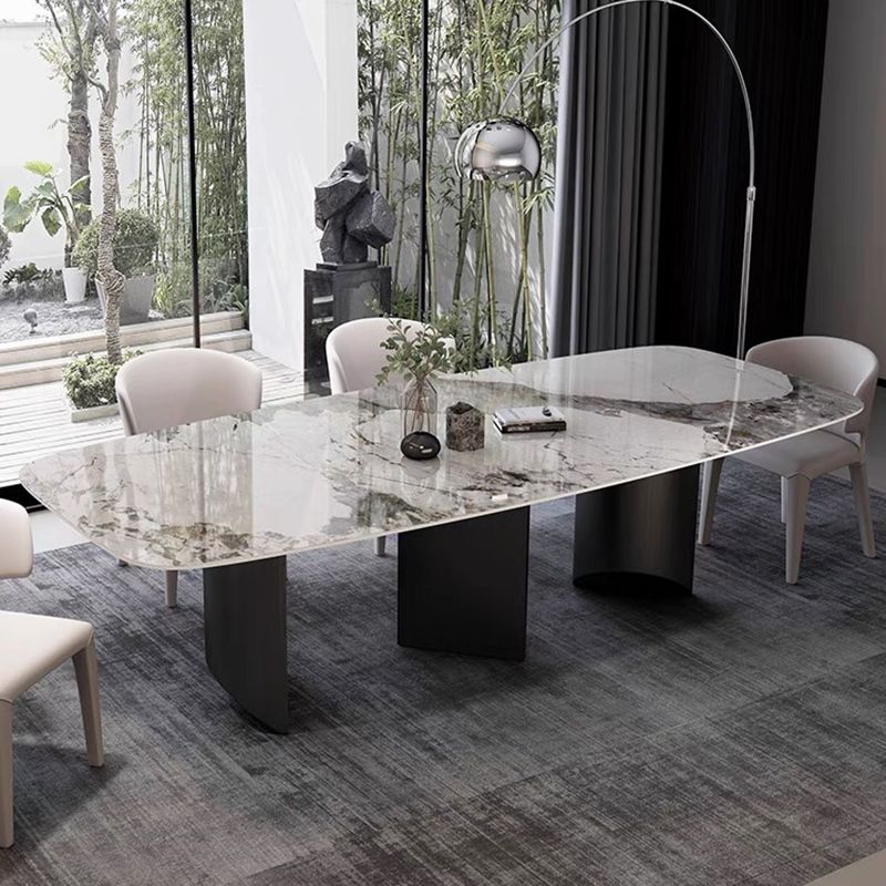 Rectangle Dining Table Sintered Stone Top Modern White Table with Black Legs