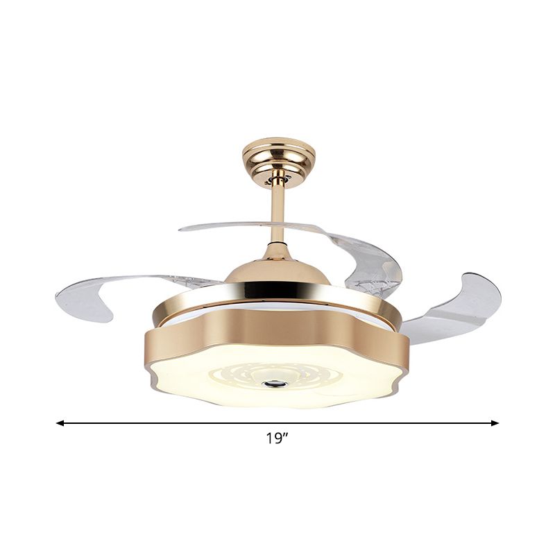 4-Blade-LED-Schlafzimmer Anhänger Lüfter Licht moderne Gold Halbmontage mit Blütenblatt Acrylschatten, 19 "breit