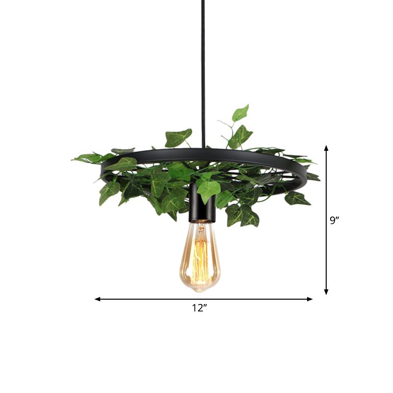 Metal Black Hanging Light Kit Wheel 1 Head Industrial Ceiling Pendant with Plant Deco