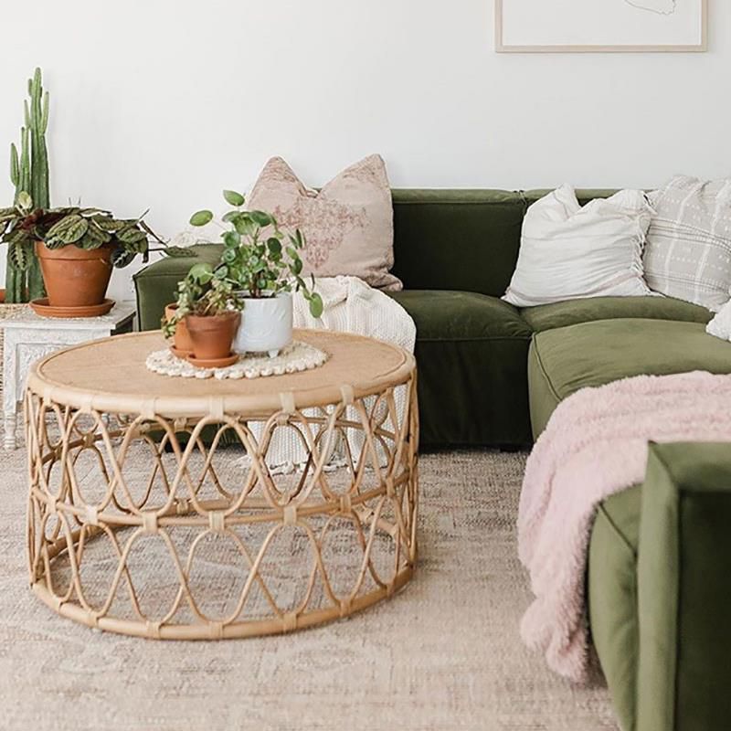 Scandinavian Round Top Coffee Table Rattan Drum Cocktail Table