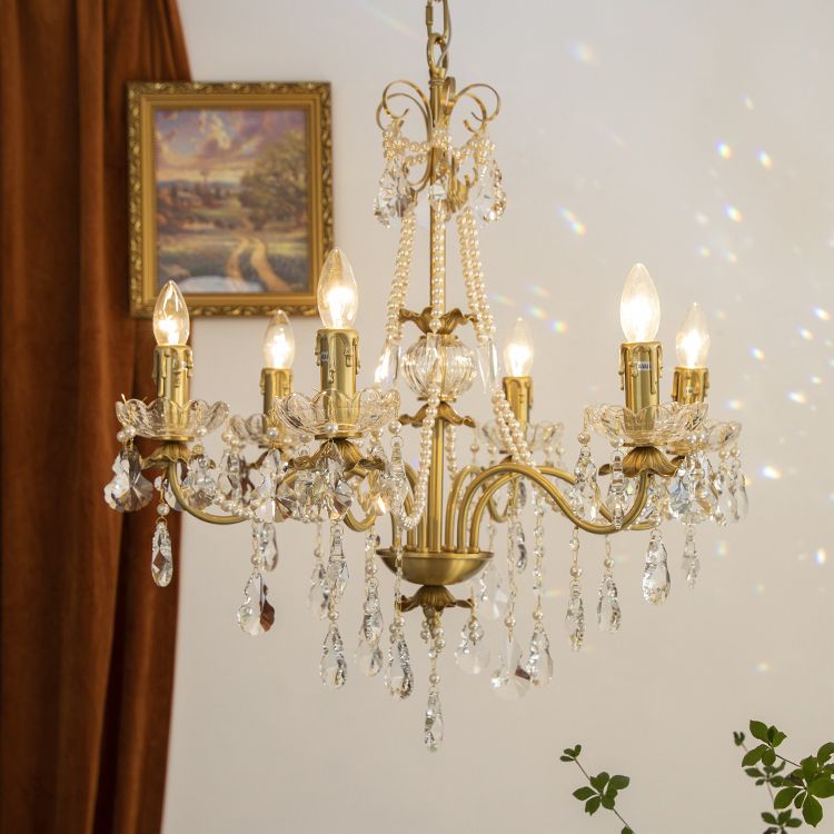 Candle Chandelier Light Fixtures Traditional Multi-Head Hanging Pendant Lamps with Crystal Bead