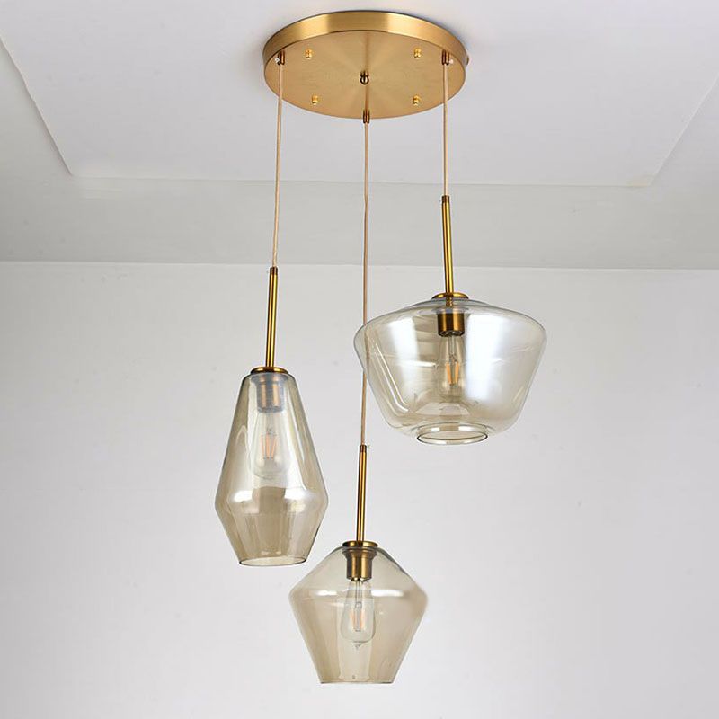 Gold Diamond Shaped Multi-Pendant Postmodern 3 Bulbs Blown Glass Hanging Ceiling Light
