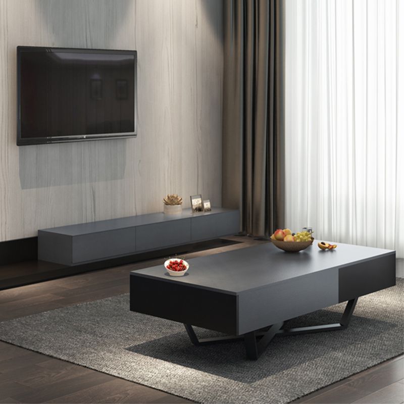 15.7" H Modern Rectangle Wooden Coffee Table Metal Cross Legs Cocktail Table